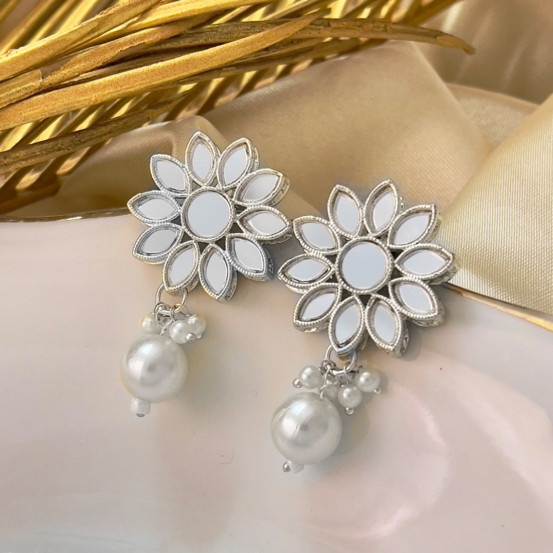 Flower Stud with Mirror Embellishments Silver-Toned Pearl Drop Earrings