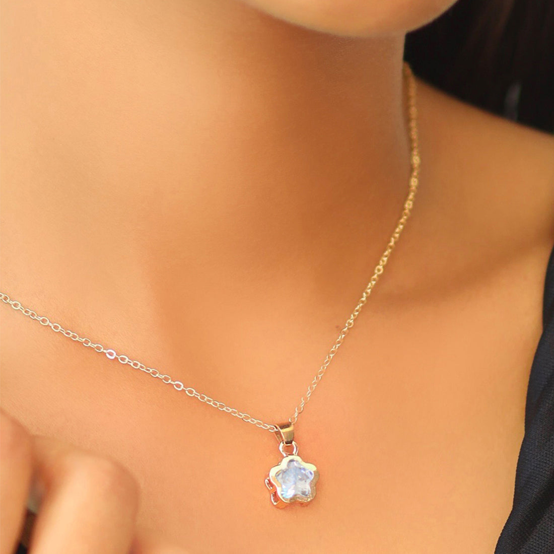 Flower Diamante Stud GoldToned Mini Pendant Necklace
