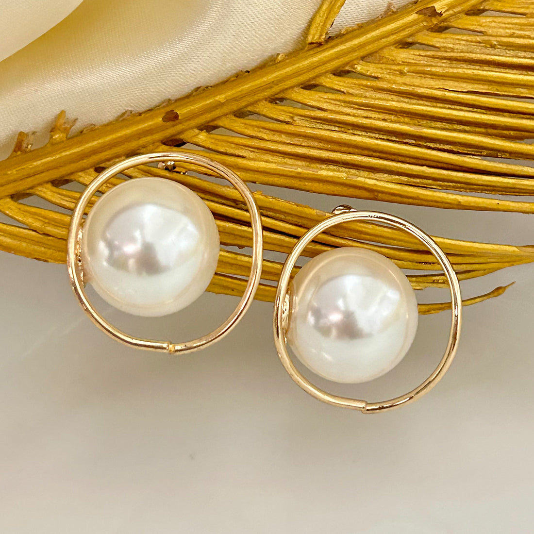 Oversized Pearl Ball Gold-Toned Organic Circular Stud Earrings