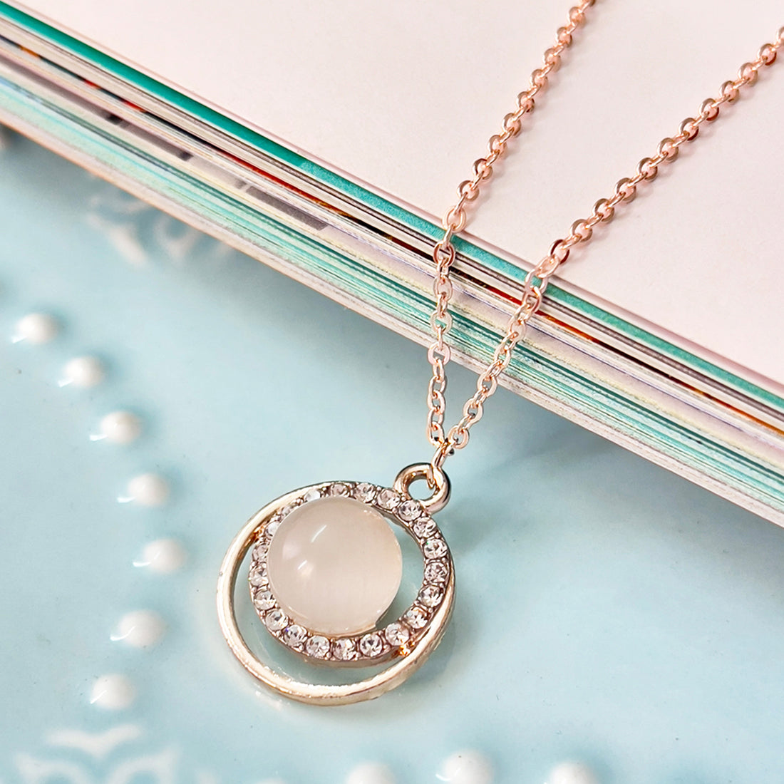 Circular Moonstone & Diamante Stud Mini Pendant Rose Gold-Toned Dainty Necklace