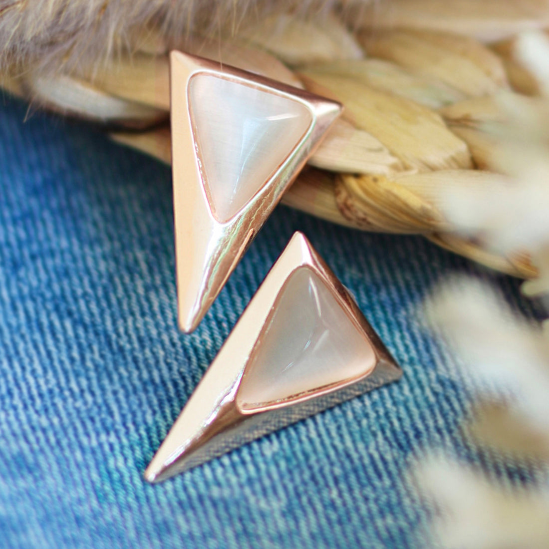 Long Triangular Moonstone Rose Gold-Toned Stud Earrings