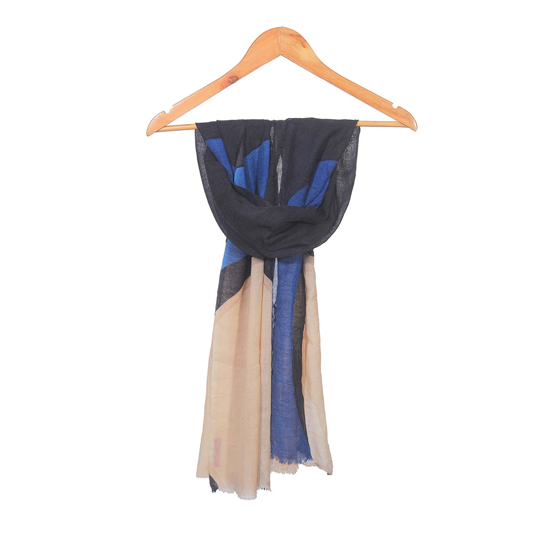 Ayesha Modern Thin Wool Scarf with Geometric Design: Black, Beige, Blue