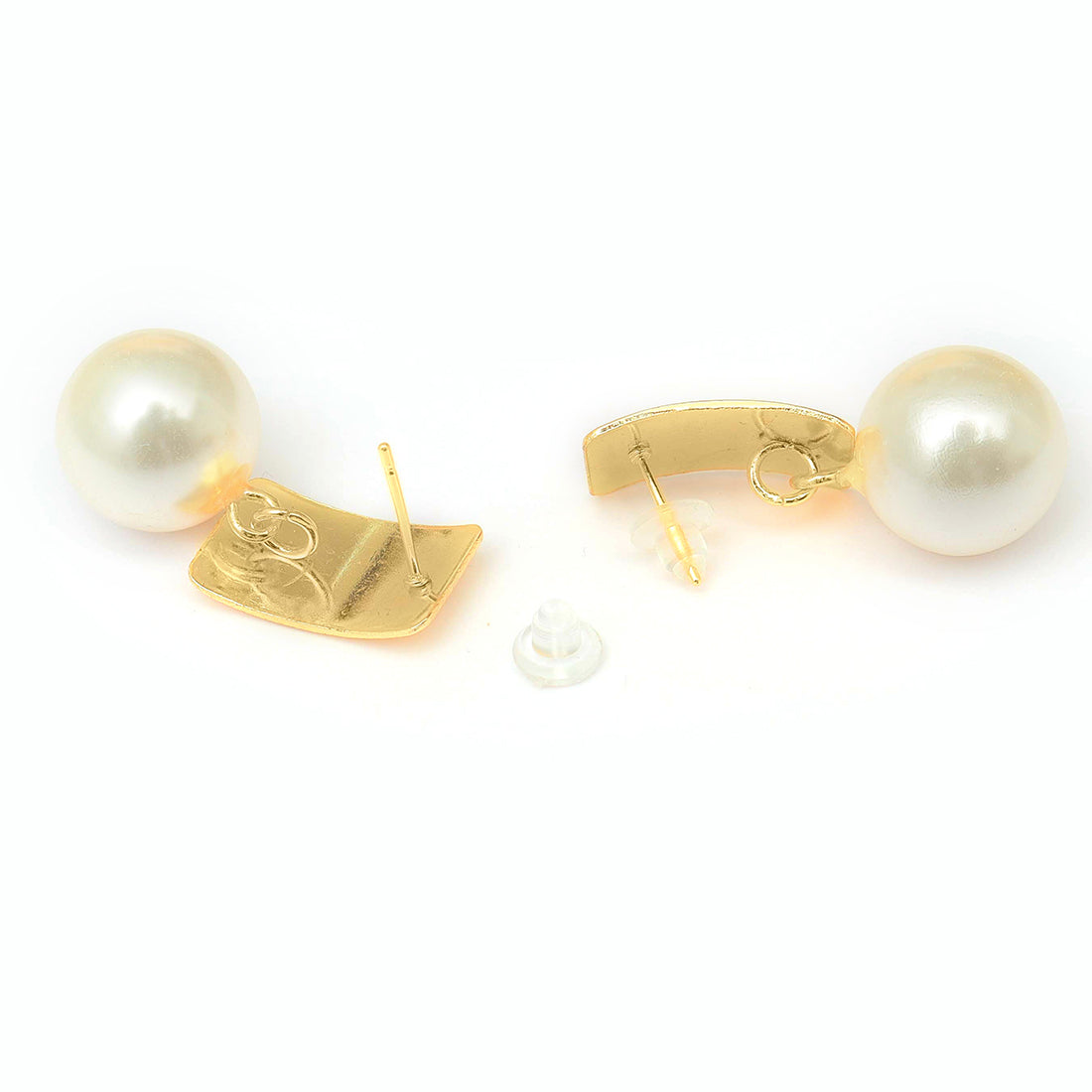 Striking Gold Rectangular Earrings Accented With A Chic Pearl.
