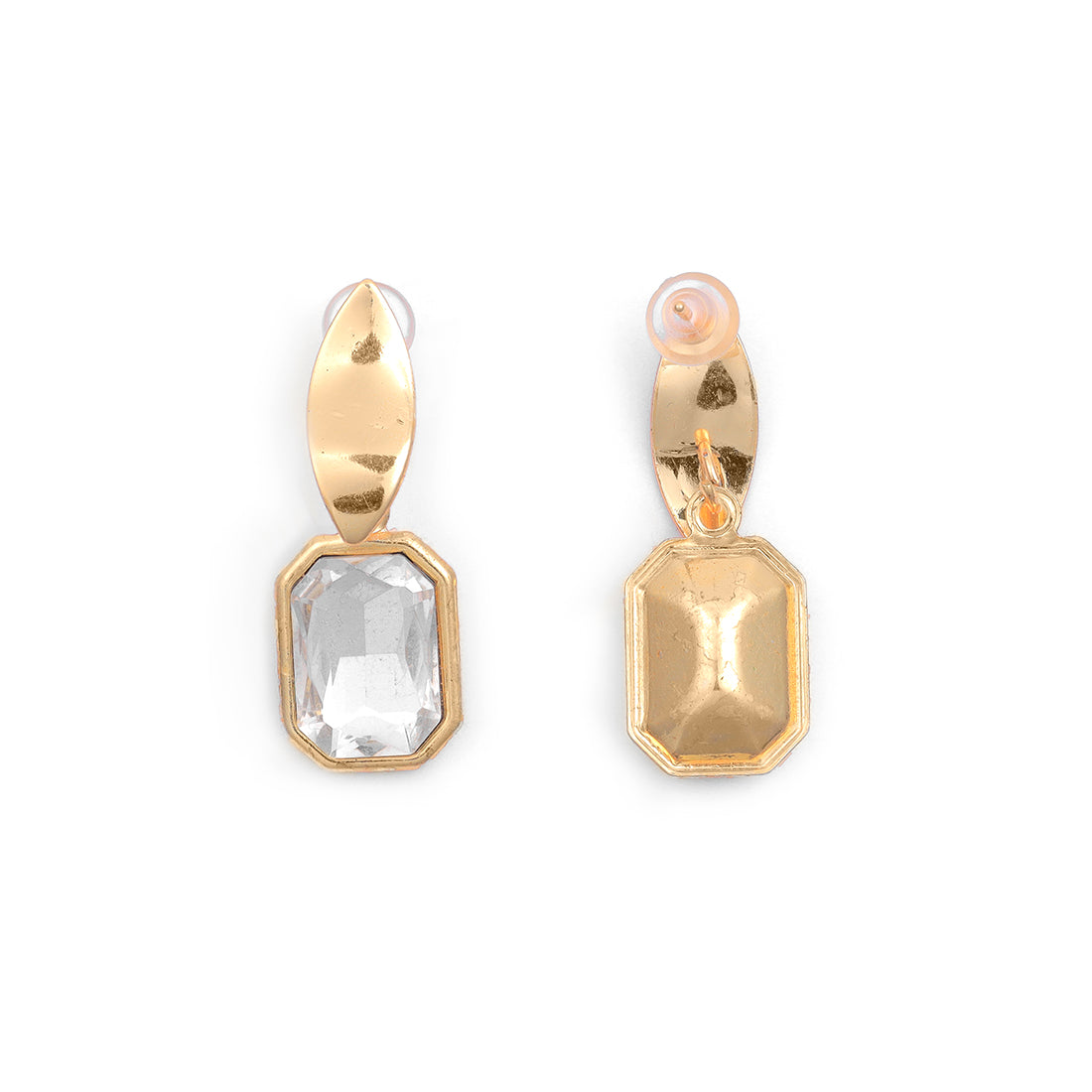 Elegant Gold-Toned Stud Earrings Featuring A Dazzling Square Rhinestone Drop.