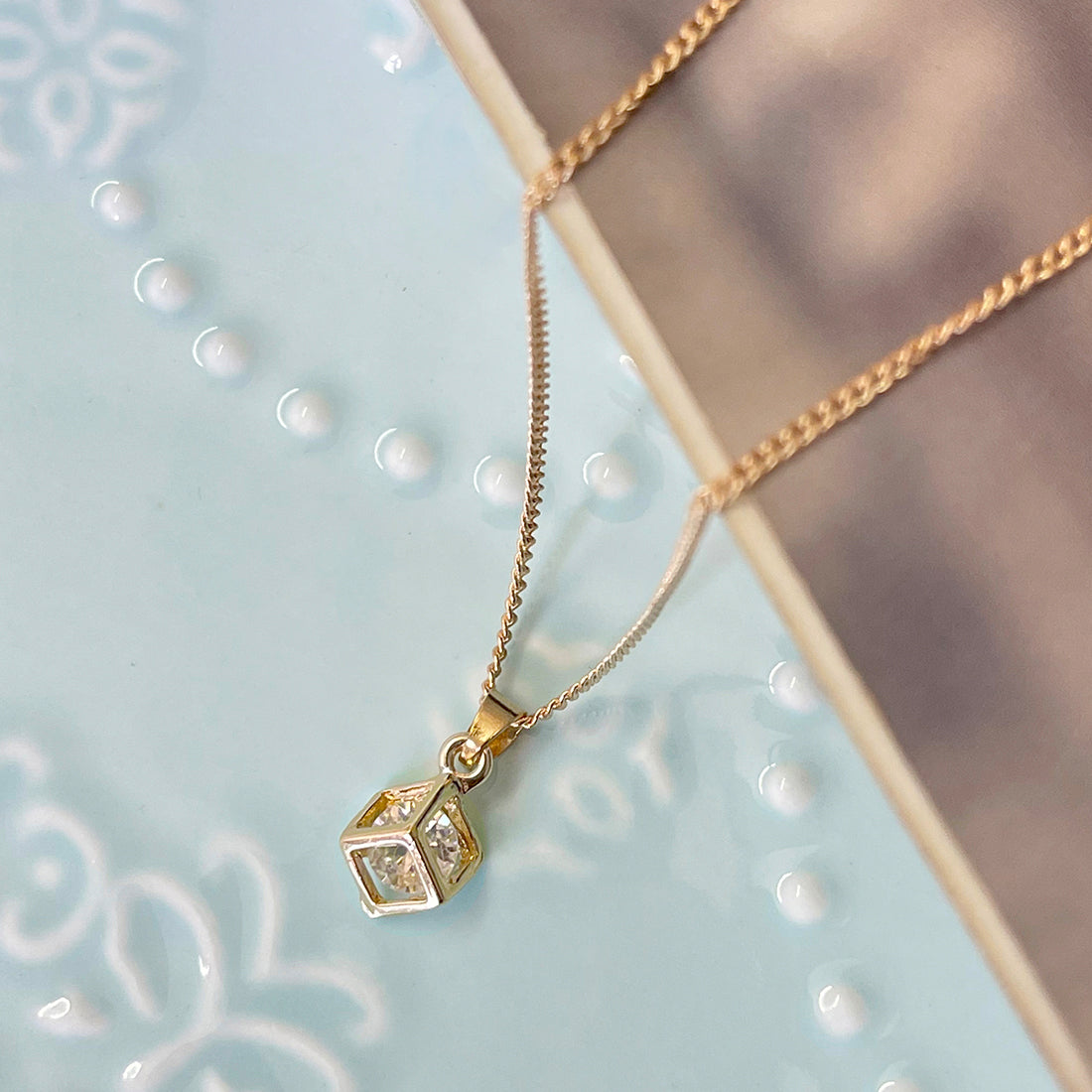Cube Diamante Mini Pendant Gold-Toned Dainty Necklace