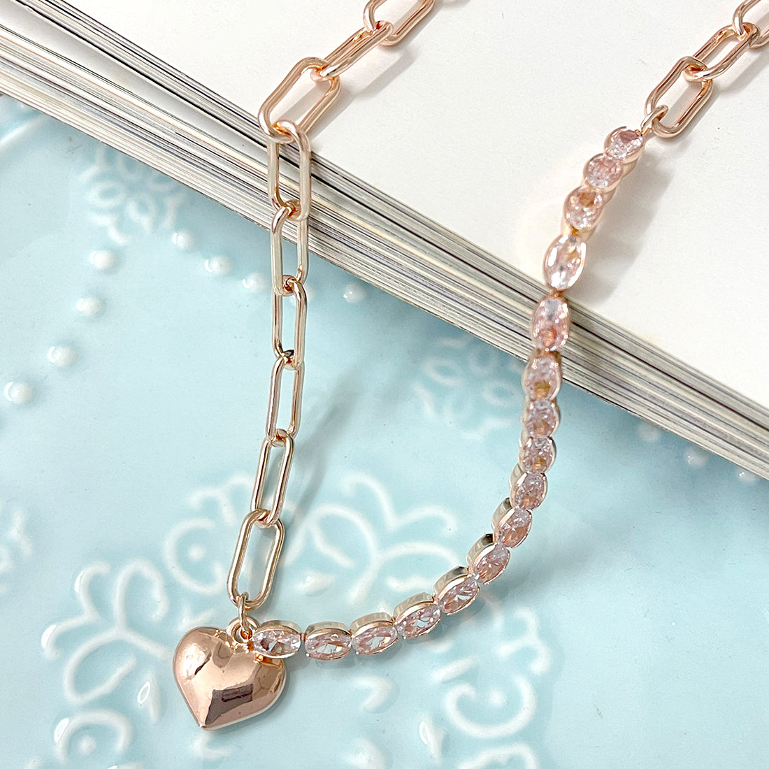 Chunky Chain Link Diamante Studded Heart Pendant Rose Gold-Toned Necklace