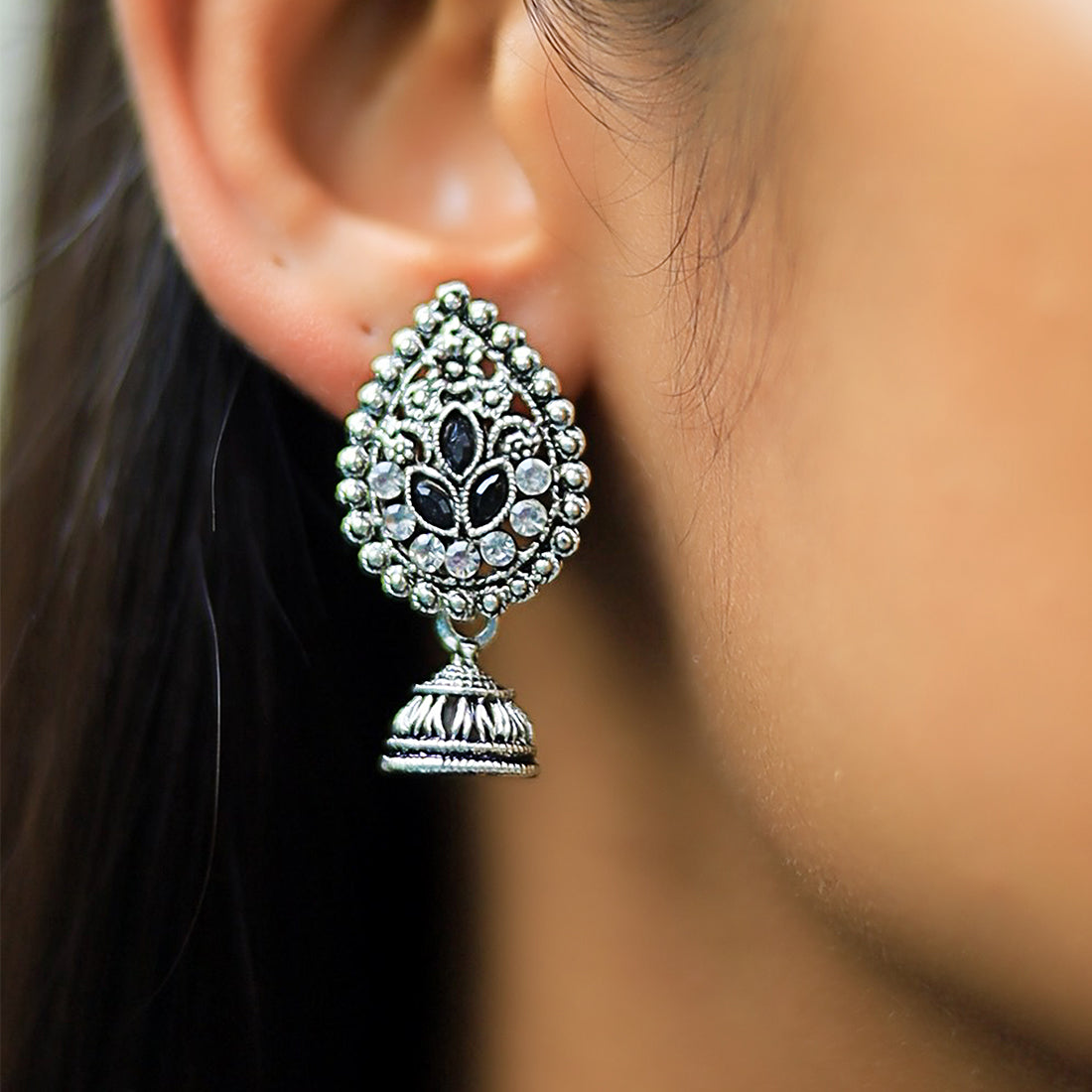 Set Of 3 Ethnic Silver Chambali Earrings With Small Jhumki Danglers