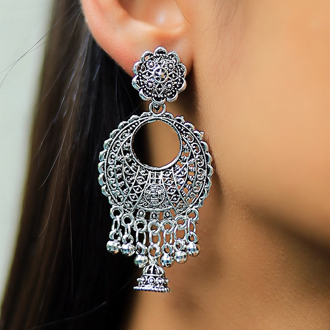 Set Of 3 Ethnic Silver Chambali Earrings With Small Jhumki Danglers