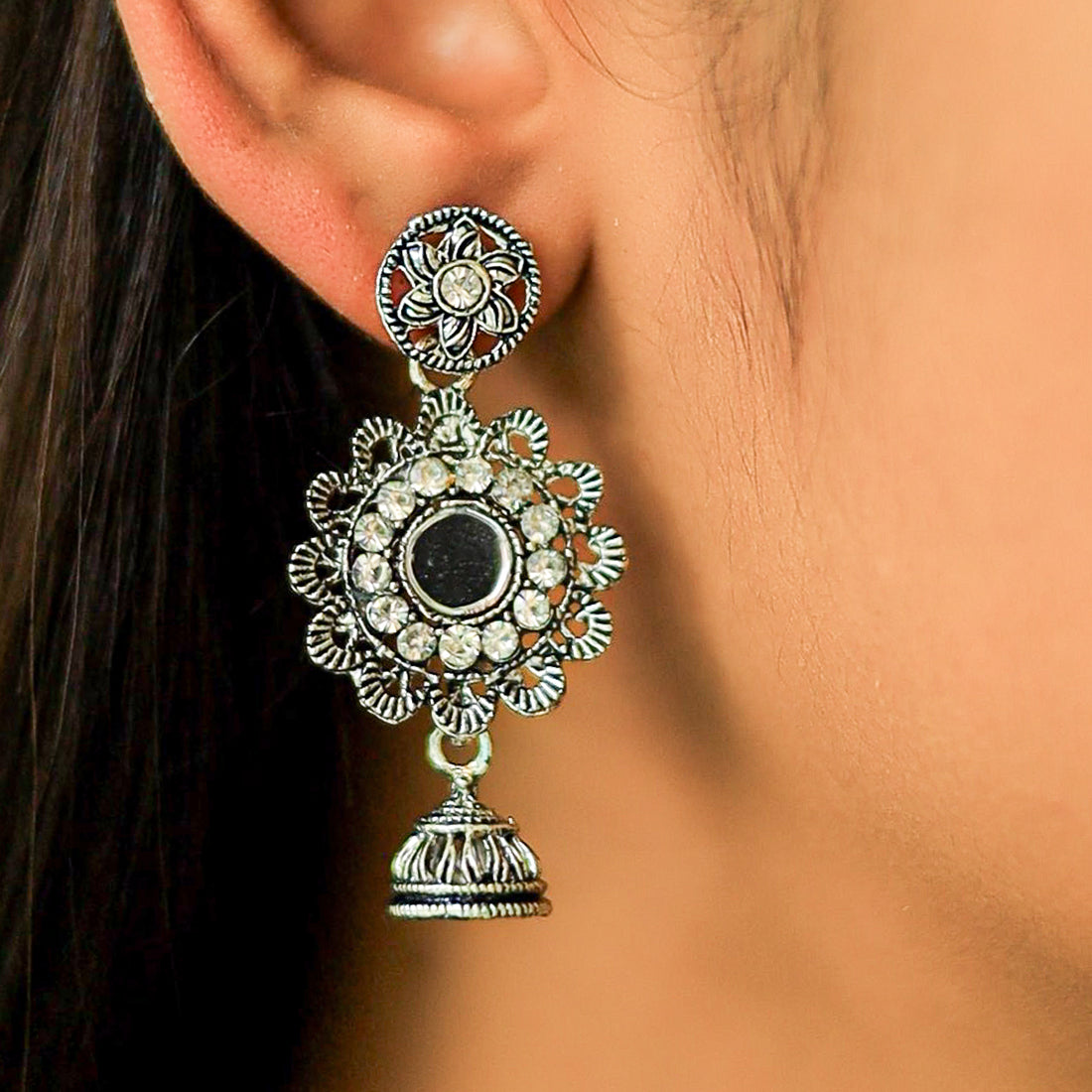 Set Of 2 Ethnic Silver Small Jhumki Danglers With Mirror Work Accent