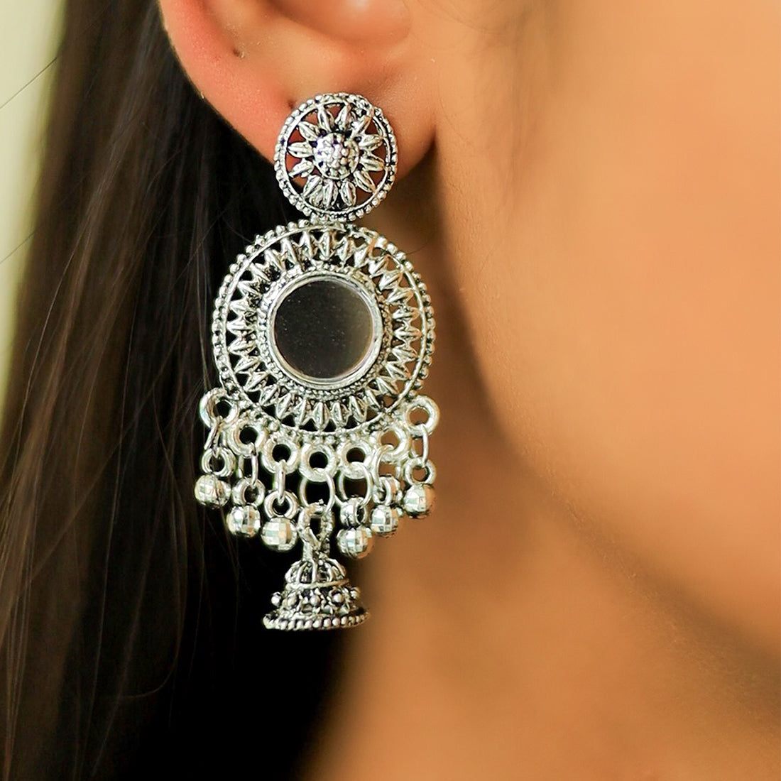 Set Of 2 Ethnic Silver Small Jhumki Danglers With Mirror Work Accent
