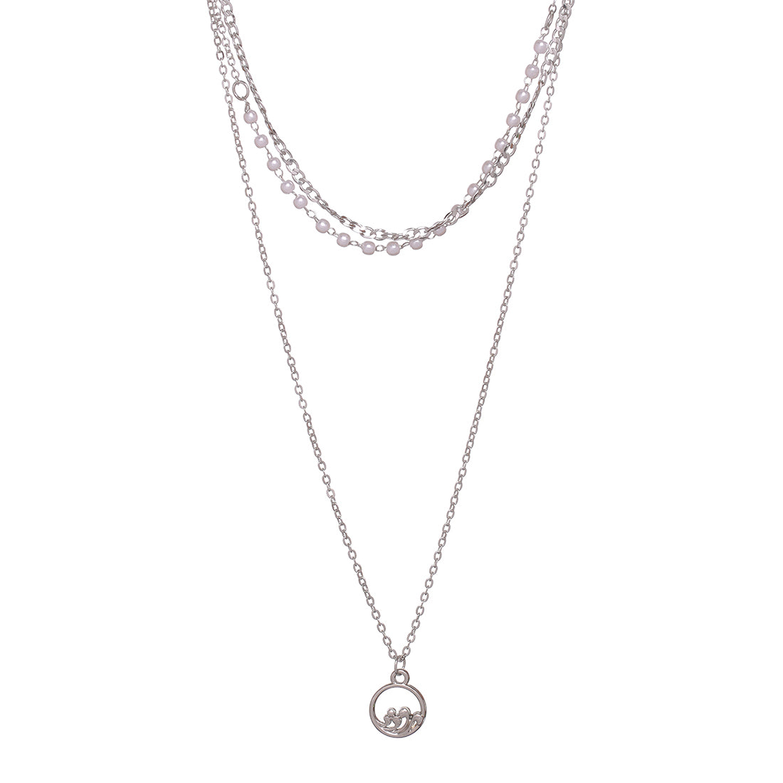 3-Layered Silver Chain Necklace With Delicate Pearls And Minimalist Rhinestone Pendant