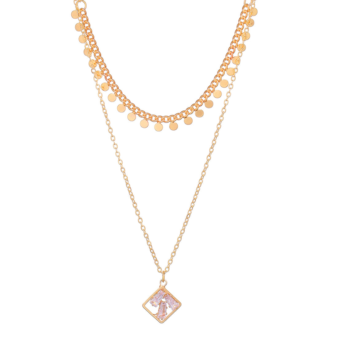 Double Layered Gold Chains With Rhinestone Minimalist Pendant