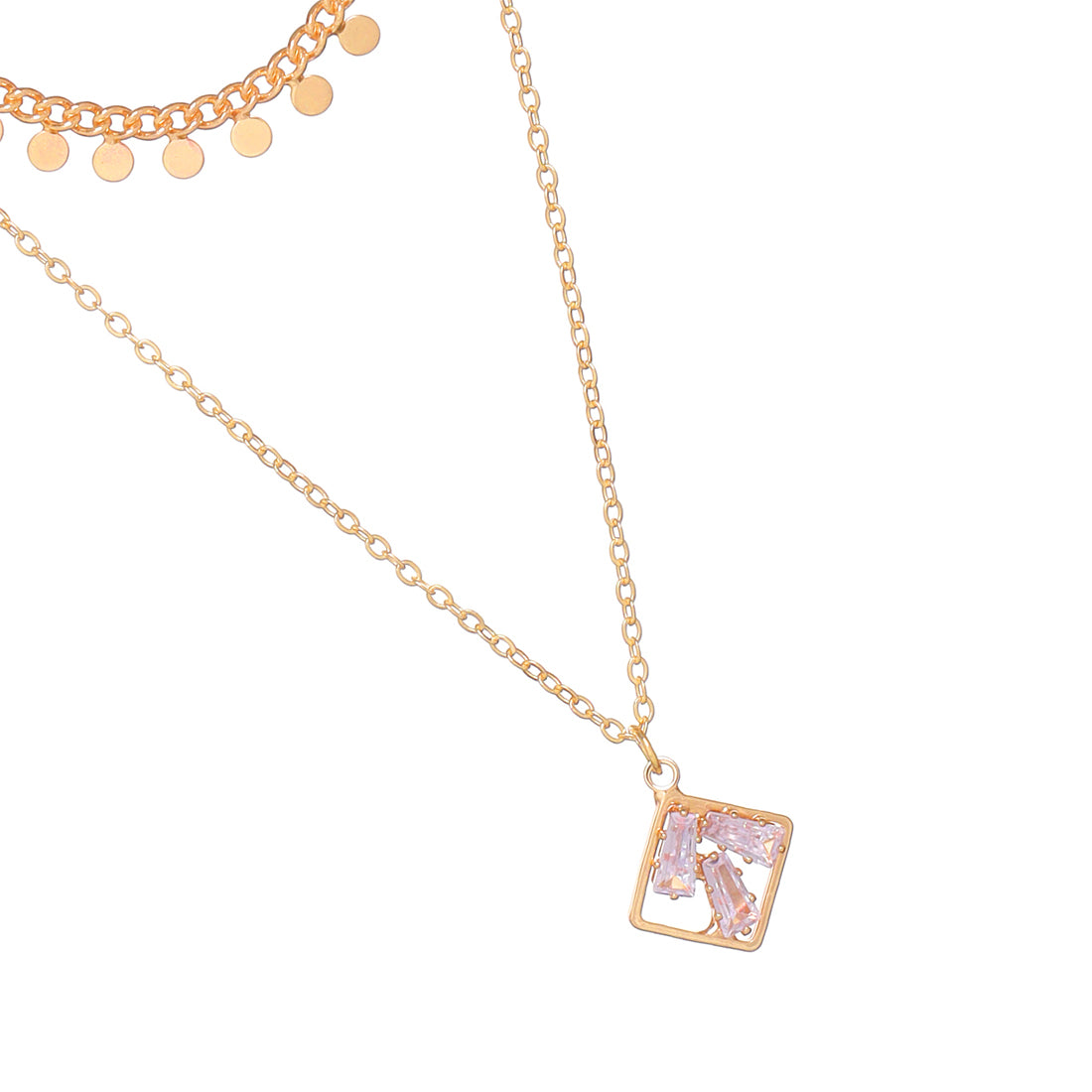 Double Layered Gold Chains With Rhinestone Minimalist Pendant