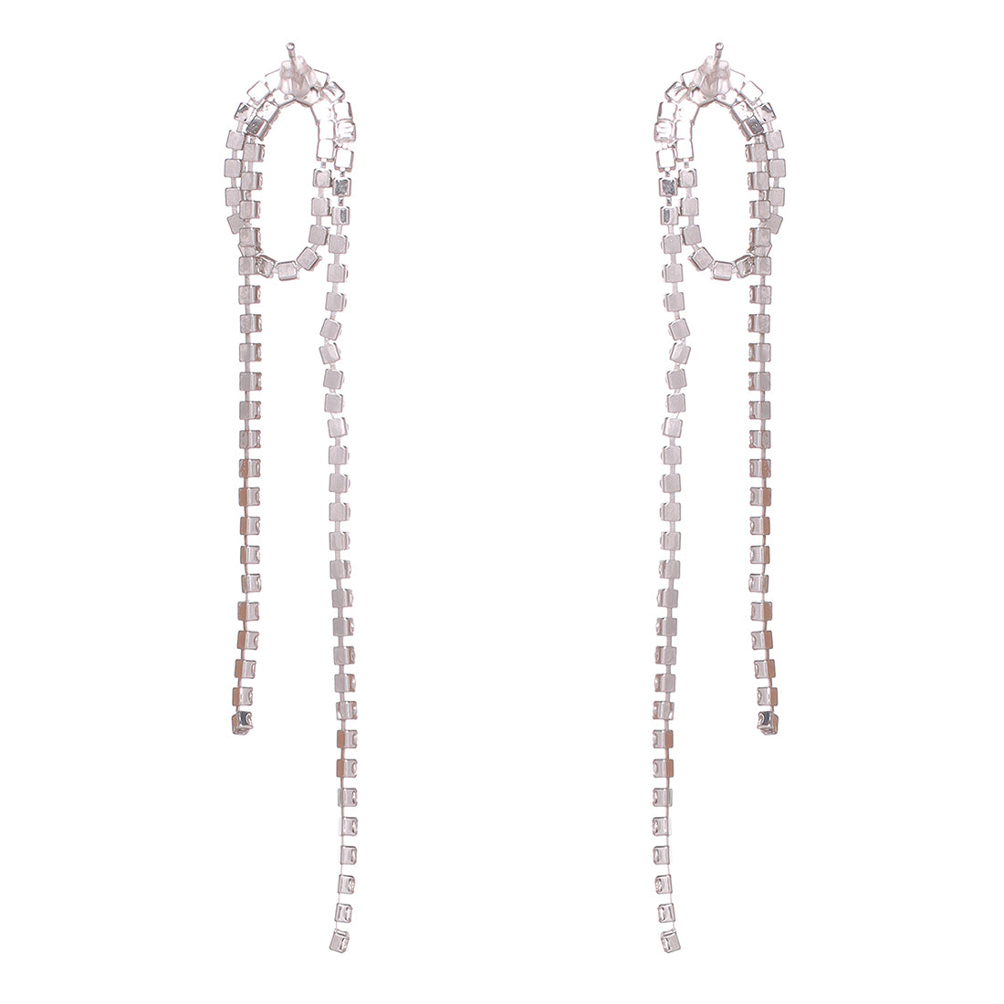 Contemporary White Diamante Crystal Single Line Drop Tassel Silver -Toned Earrings
