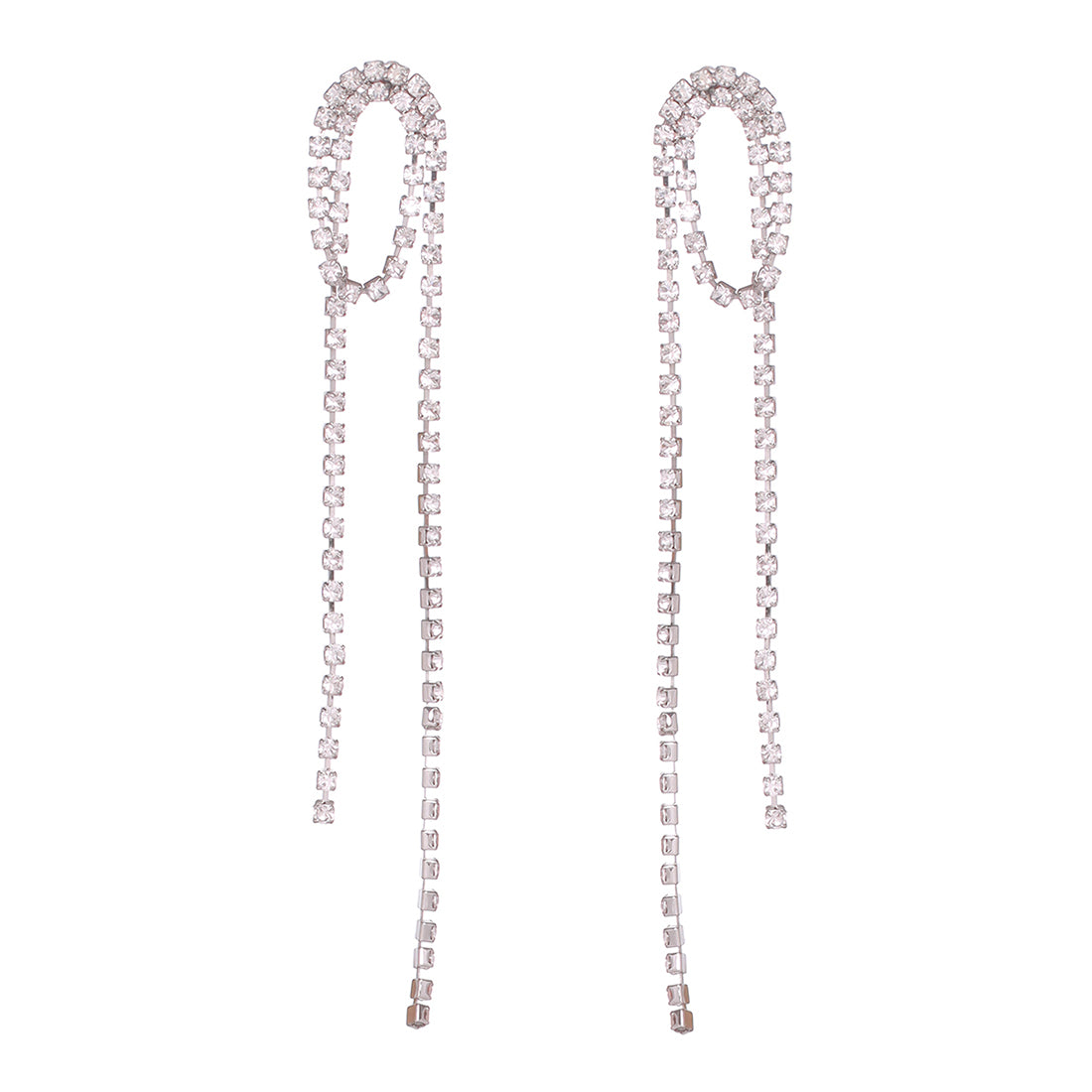 Contemporary White Diamante Crystal Single Line Drop Tassel Silver -Toned Earrings