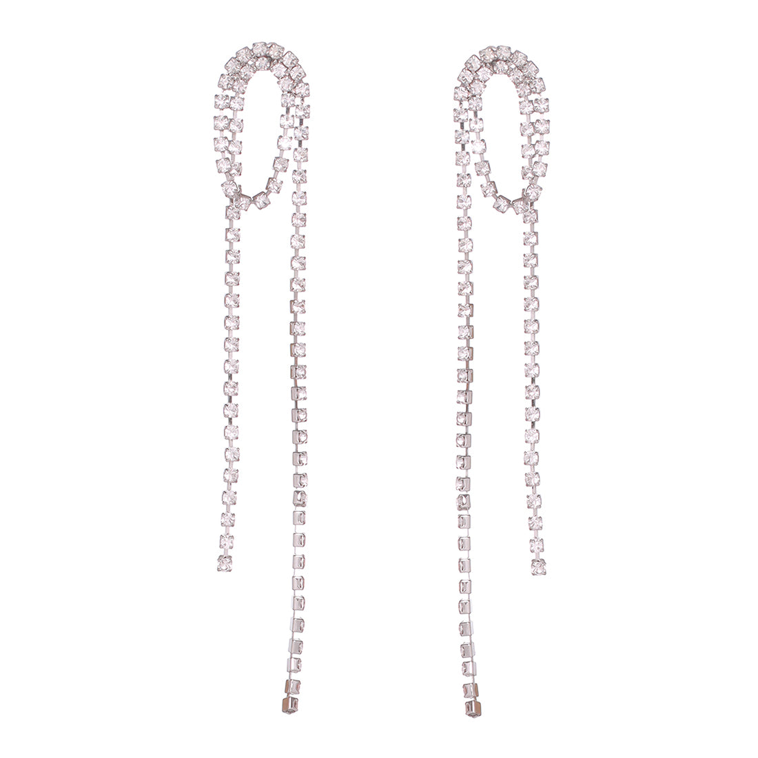 Contemporary White Diamante Crystal Single Line Drop Tassel Silver -Toned Earrings