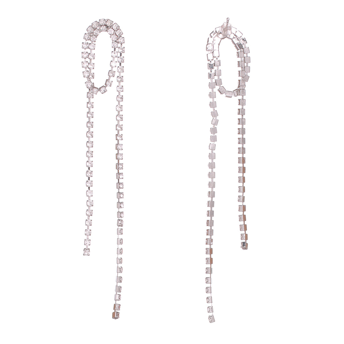 Contemporary White Diamante Crystal Single Line Drop Tassel Silver -Toned Earrings