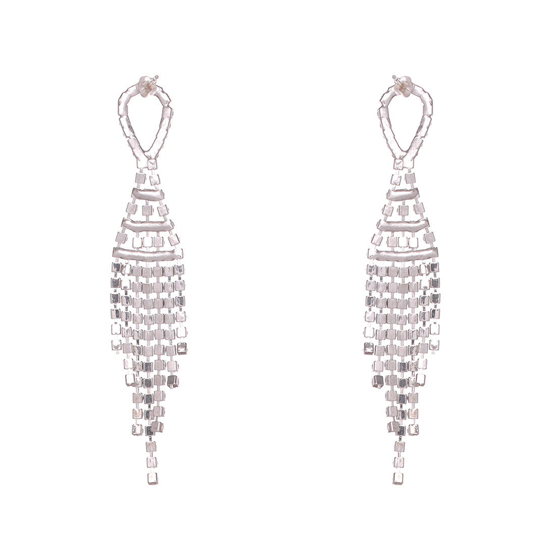 Contemporary White Diamante Crystal Studded Silver -Toned Oval Studded Tassel Drop Earrings