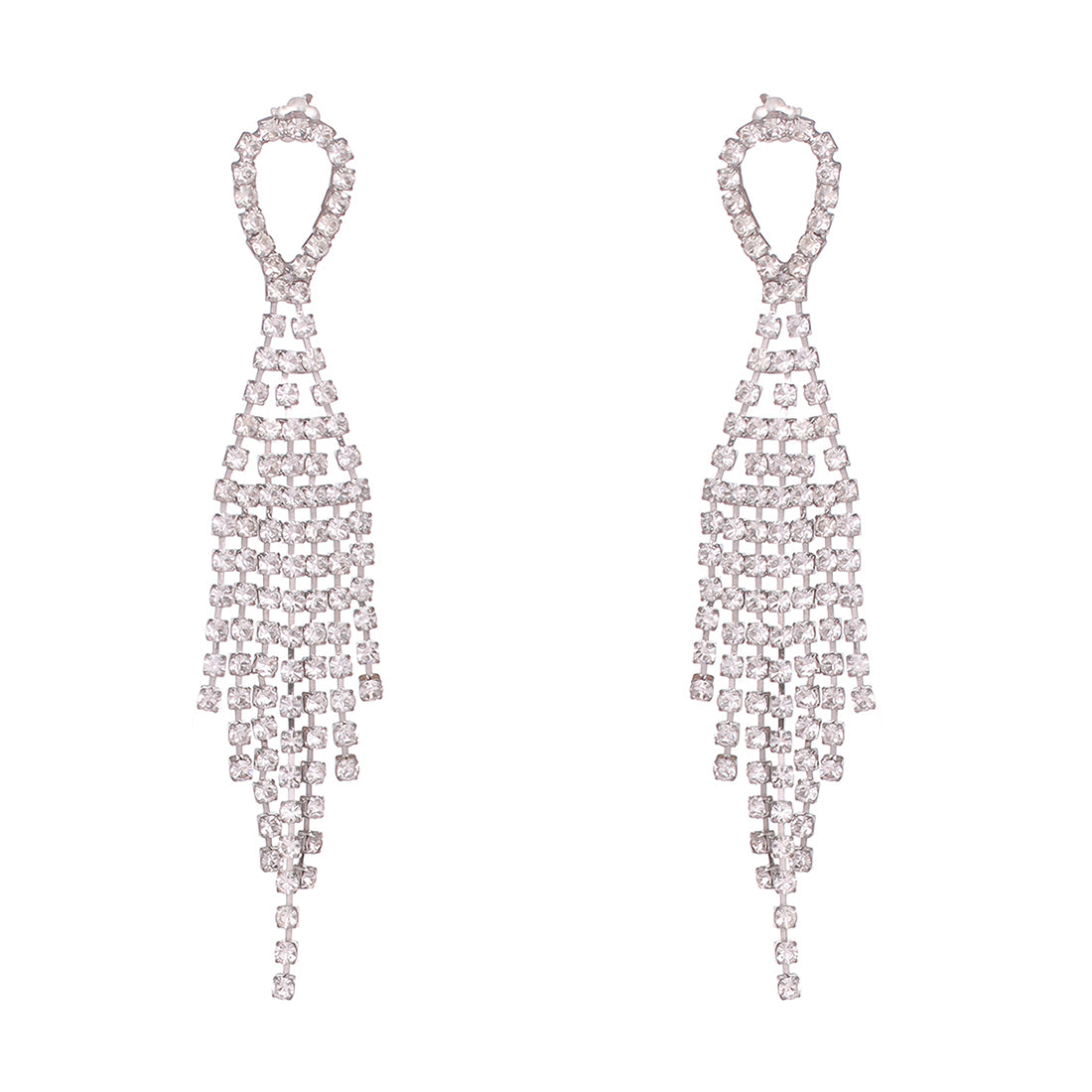 Contemporary White Diamante Crystal Studded Silver -Toned Oval Studded Tassel Drop Earrings