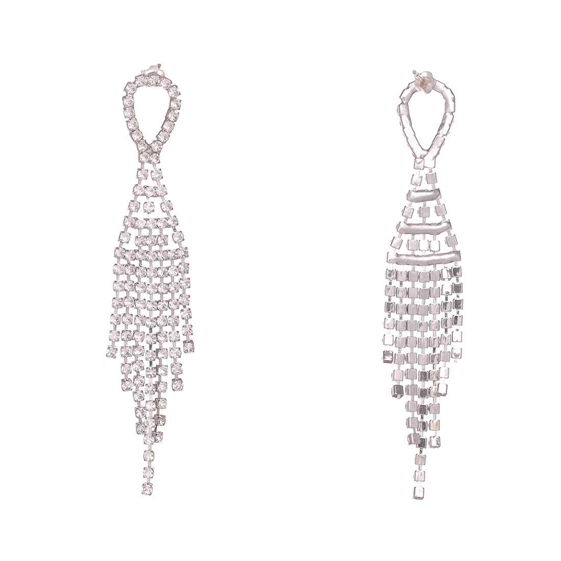 Contemporary White Diamante Crystal Studded Silver -Toned Oval Studded Tassel Drop Earrings