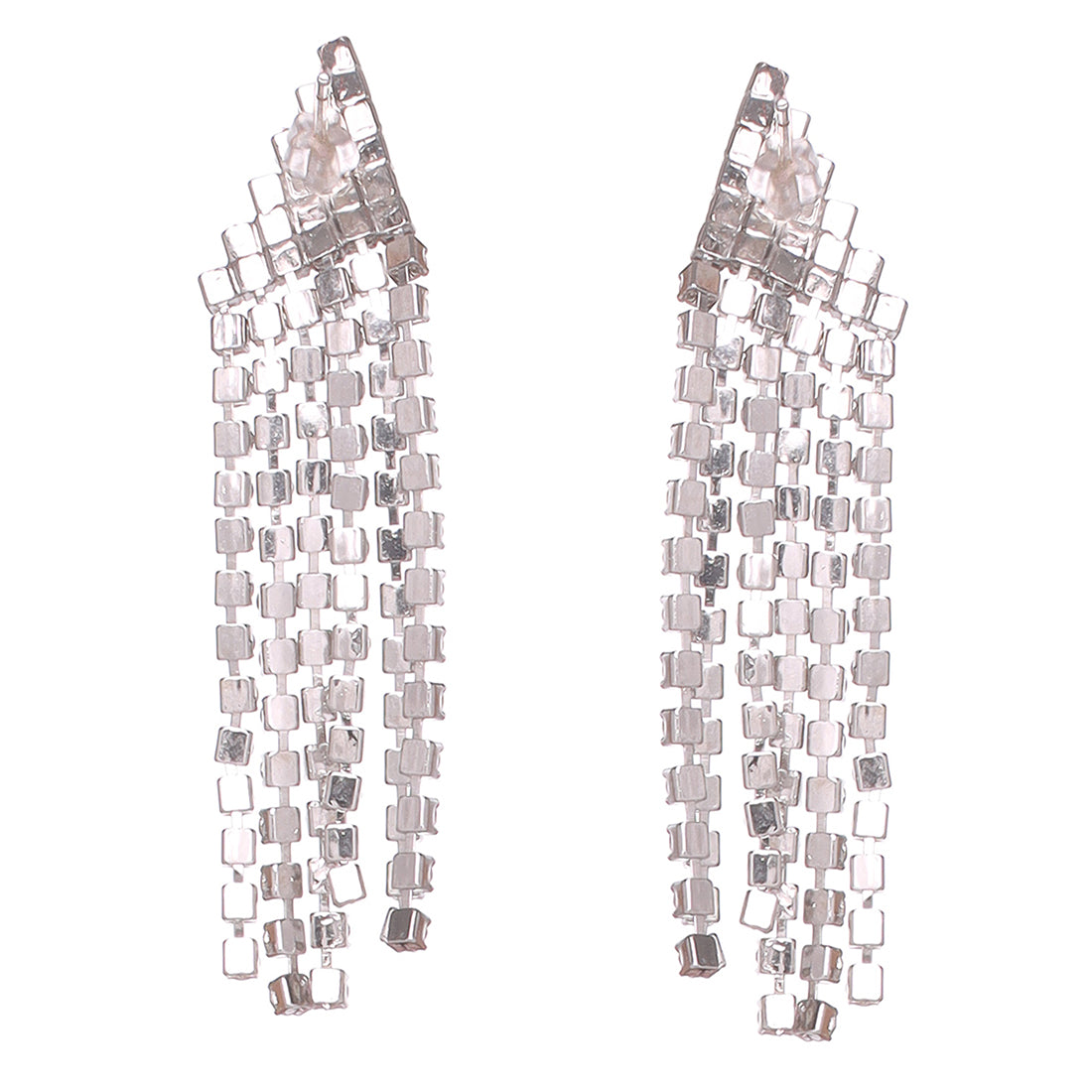 Contemporary White Diamante Crystal Studded Silver -Toned Triangular Tassel Drop Earrings