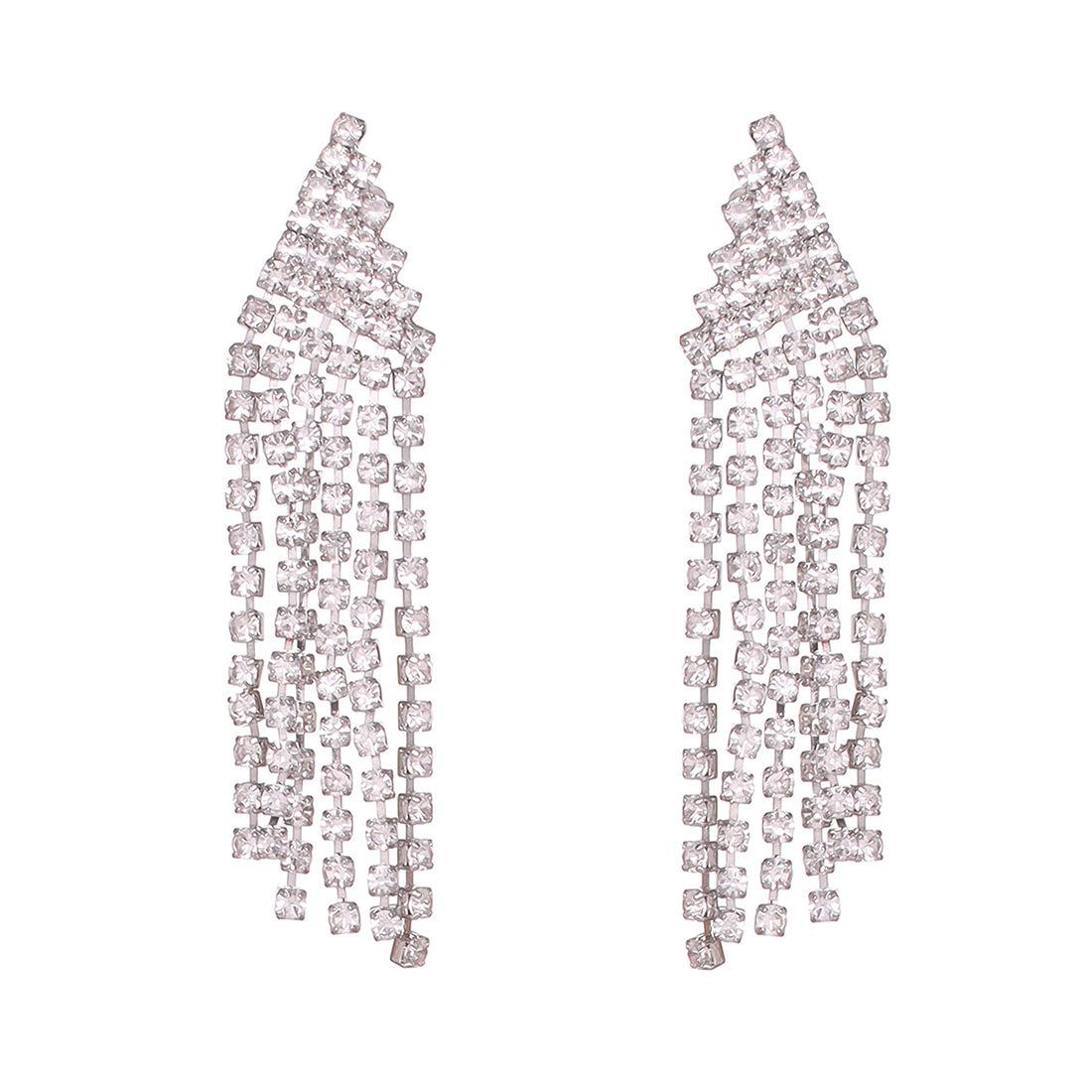 Contemporary White Diamante Crystal Studded Silver -Toned Triangular Tassel Drop Earrings