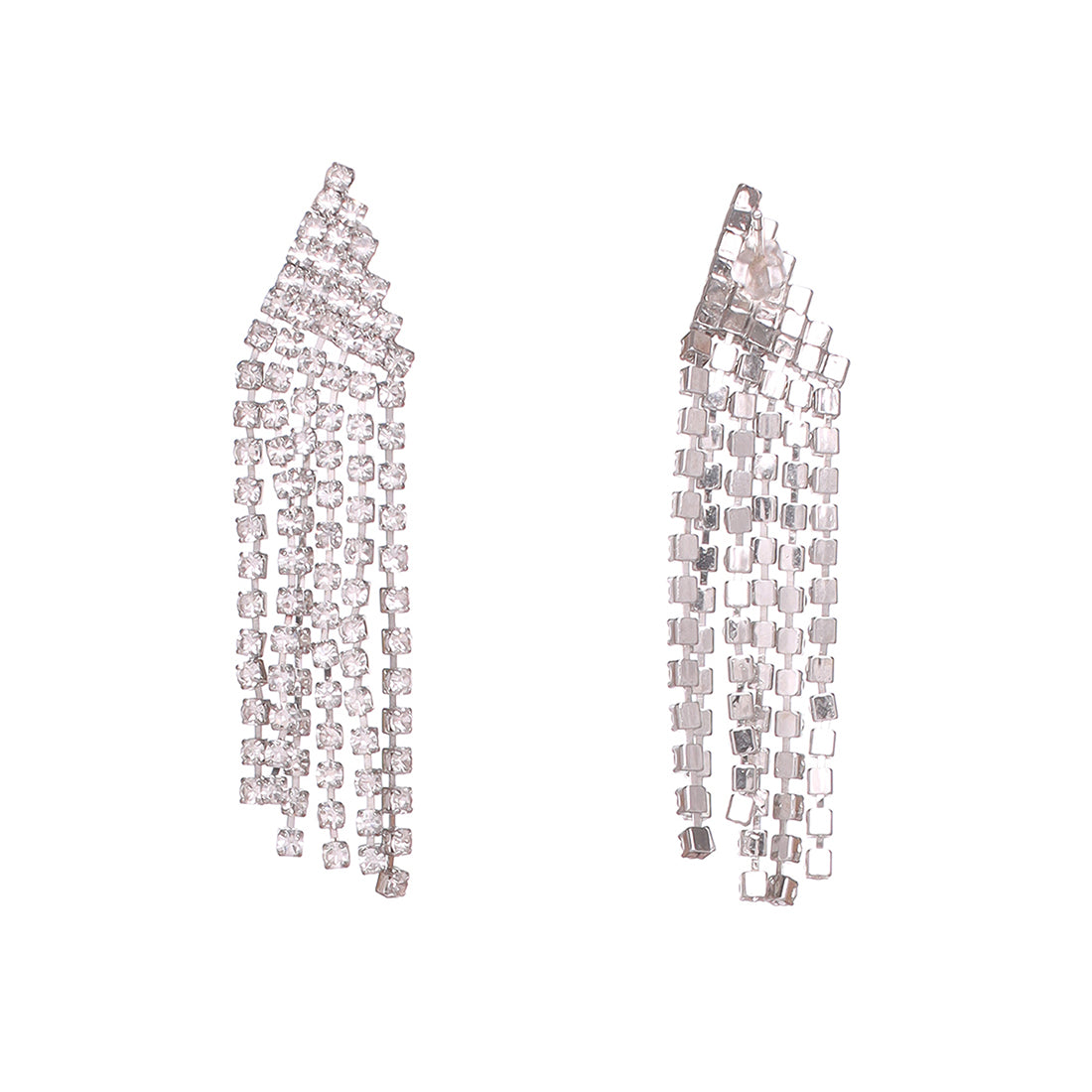 Contemporary White Diamante Crystal Studded Silver -Toned Triangular Tassel Drop Earrings