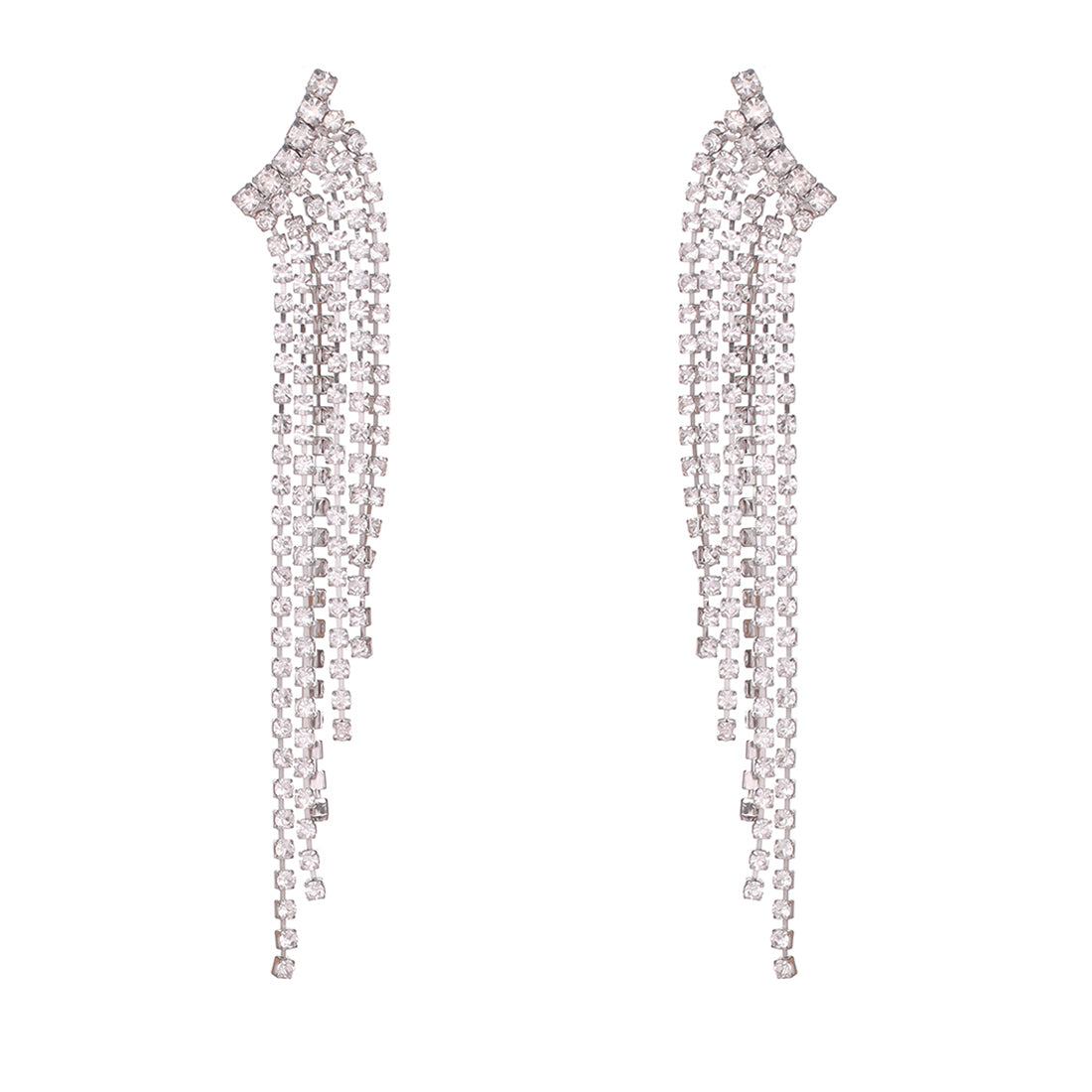 Contemporary White Diamante Crystal Studded Silver -Toned Slanting Tassel Drop Earrings