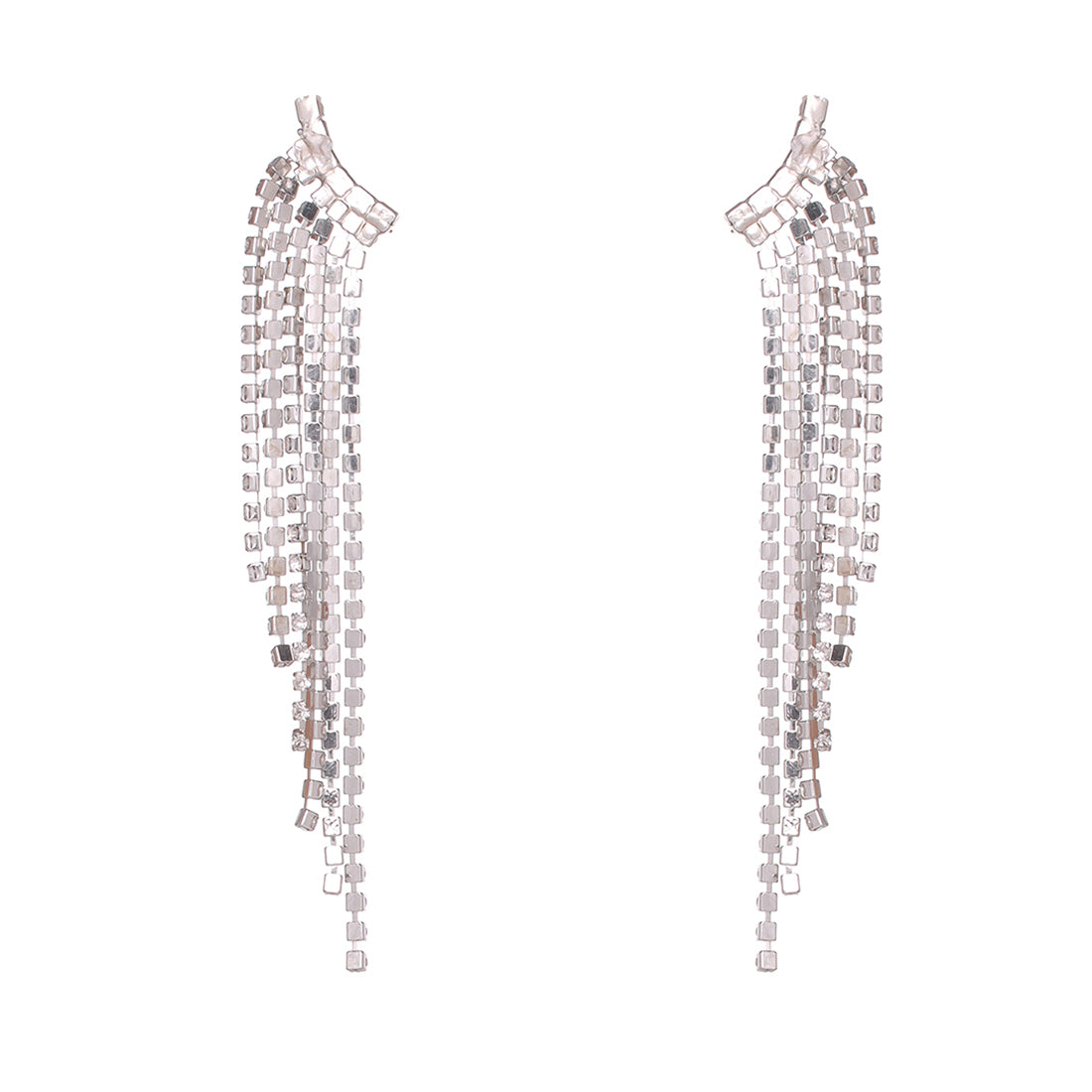 Contemporary White Diamante Crystal Studded Silver -Toned Slanting Tassel Drop Earrings