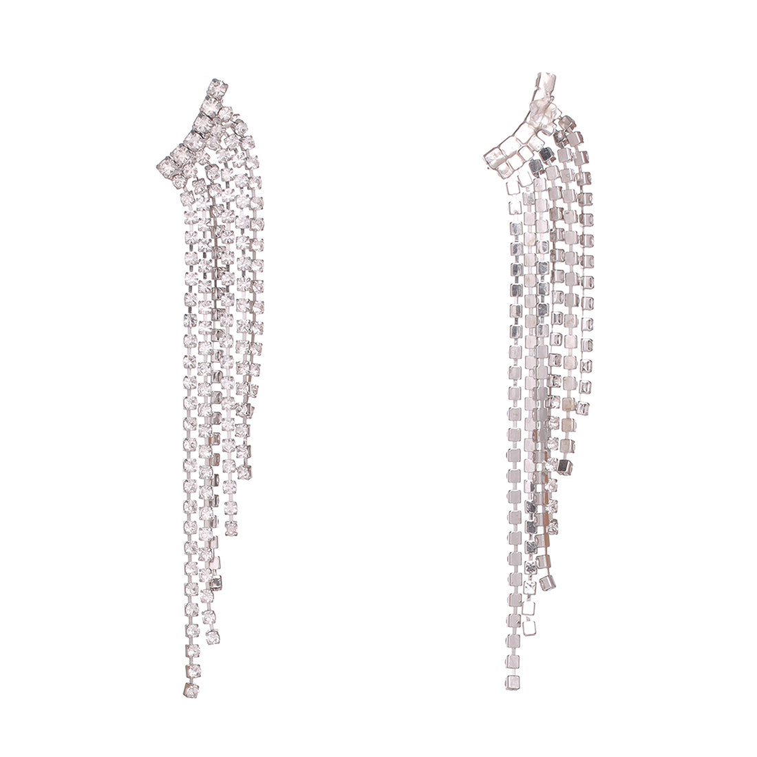 Contemporary White Diamante Crystal Studded Silver -Toned Slanting Tassel Drop Earrings