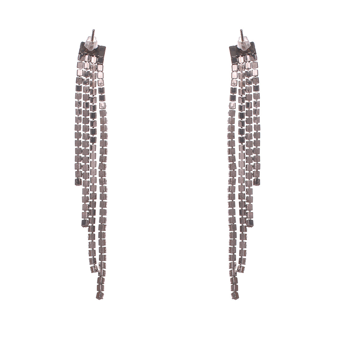 Contemporary White Diamante Crystal Straight Line Drop Tassel Metal -Toned Earrings