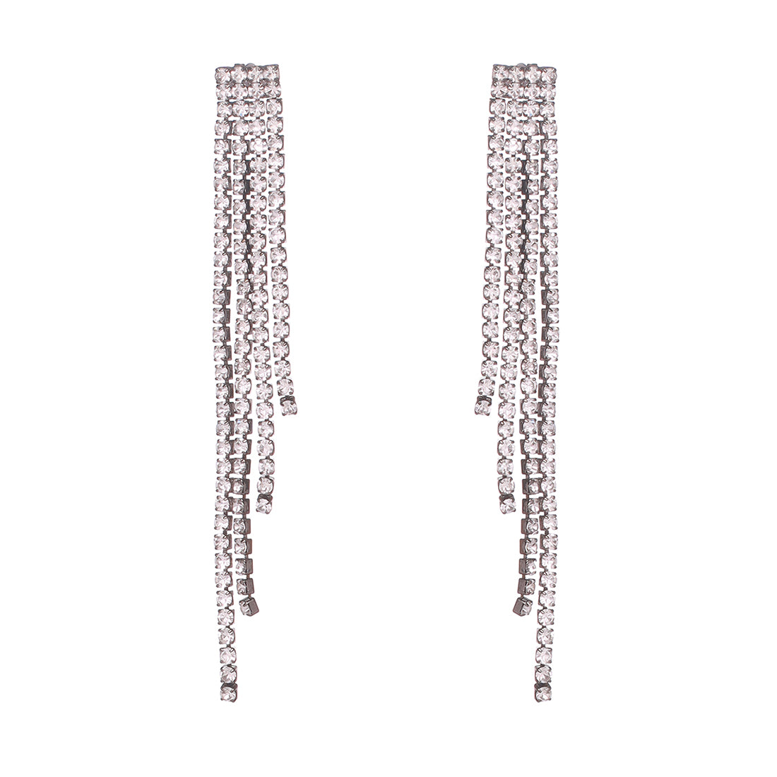 Contemporary White Diamante Crystal Straight Line Drop Tassel Metal -Toned Earrings