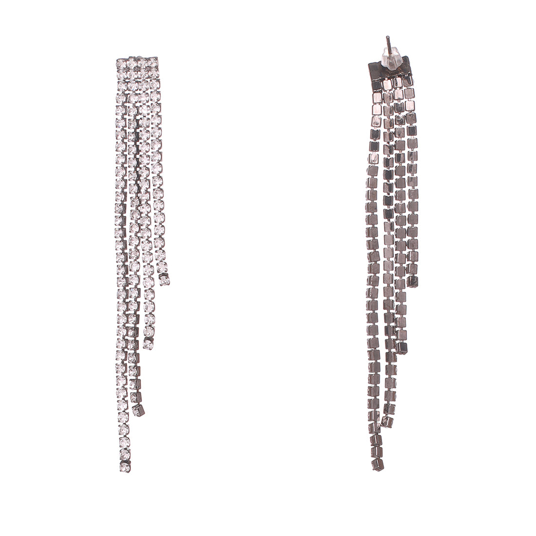 Contemporary White Diamante Crystal Straight Line Drop Tassel Metal -Toned Earrings