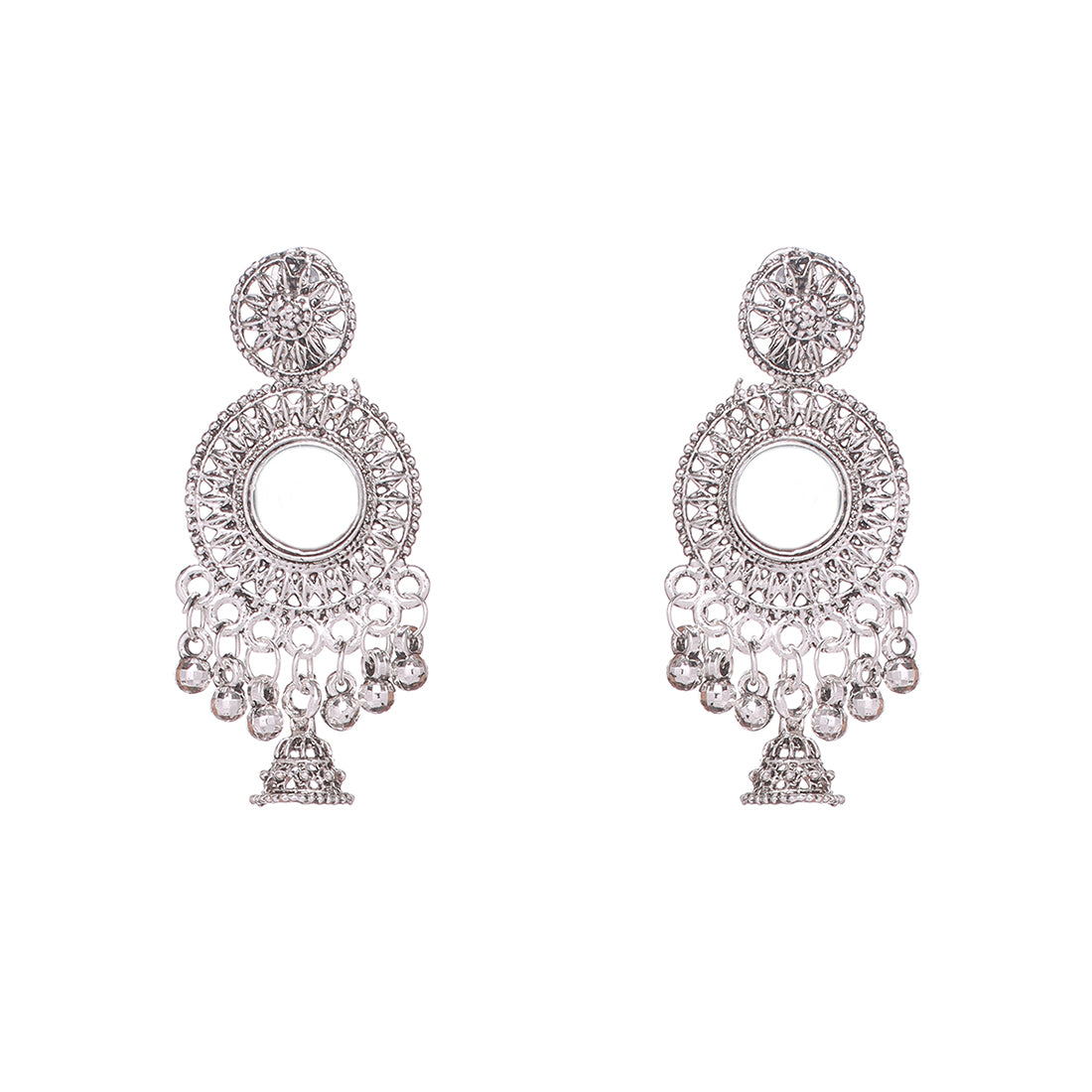 Set Of 2 Ethnic Silver Small Jhumki Danglers With Mirror Work Accent
