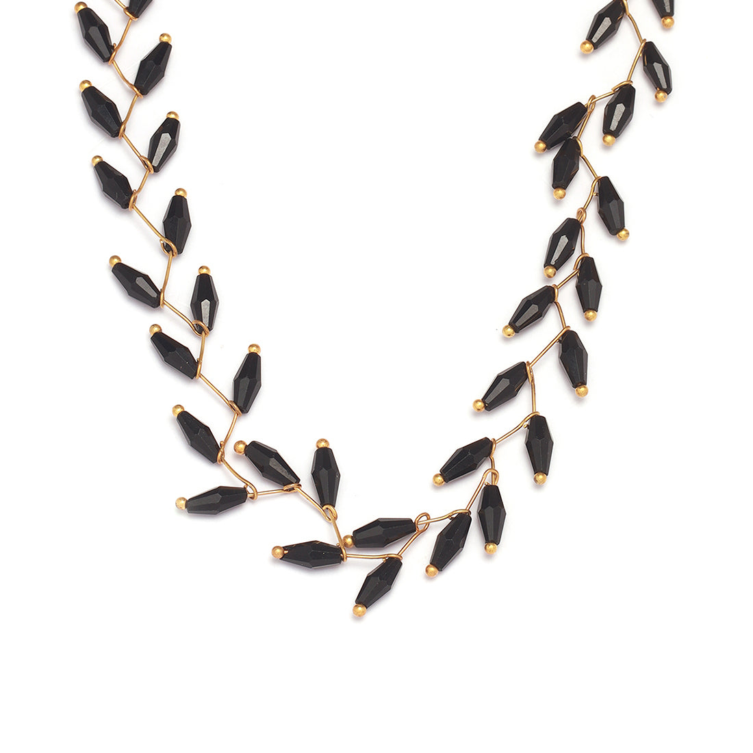 Gold-Tone Necklace With Black Oval-Shaped Translucent Beads In A Leaf Pattern
