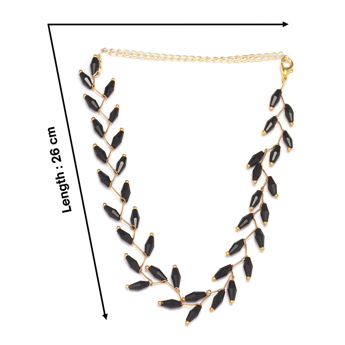 Gold-Tone Necklace With Black Oval-Shaped Translucent Beads In A Leaf Pattern