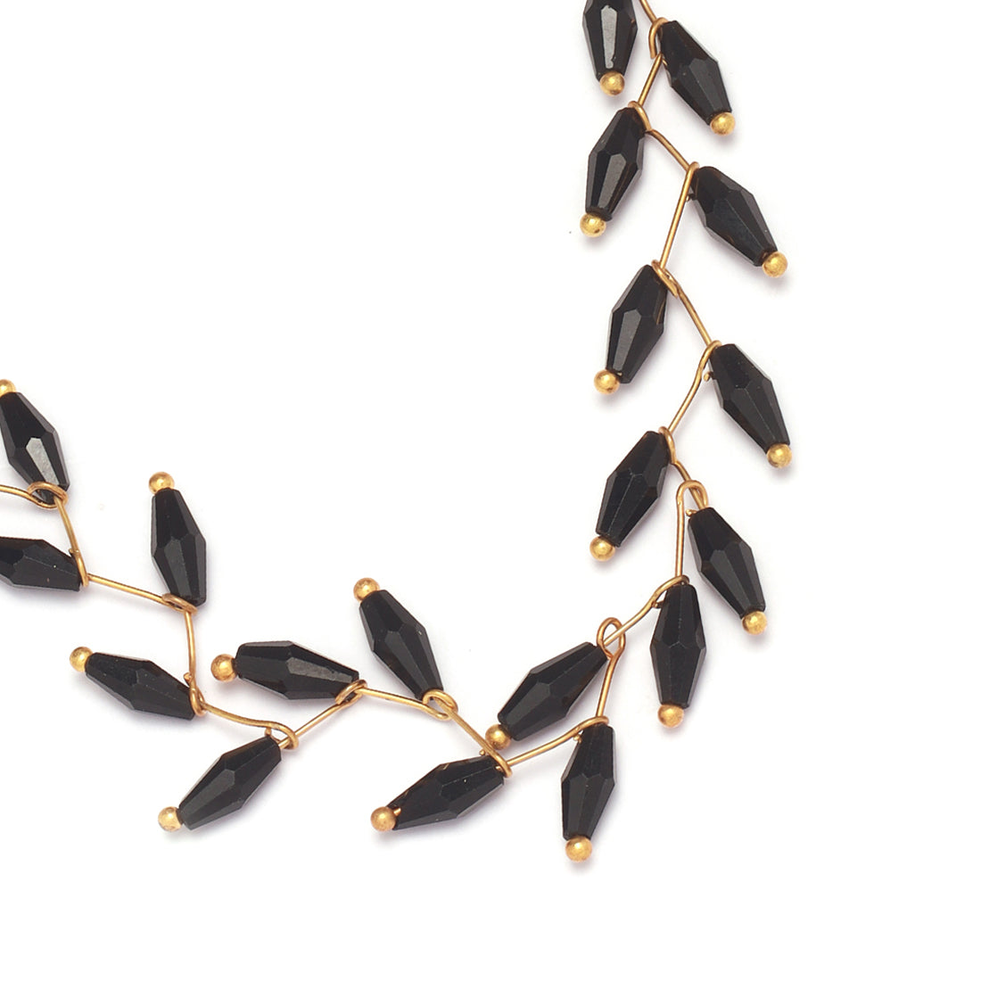 Gold-Tone Necklace With Black Oval-Shaped Translucent Beads In A Leaf Pattern