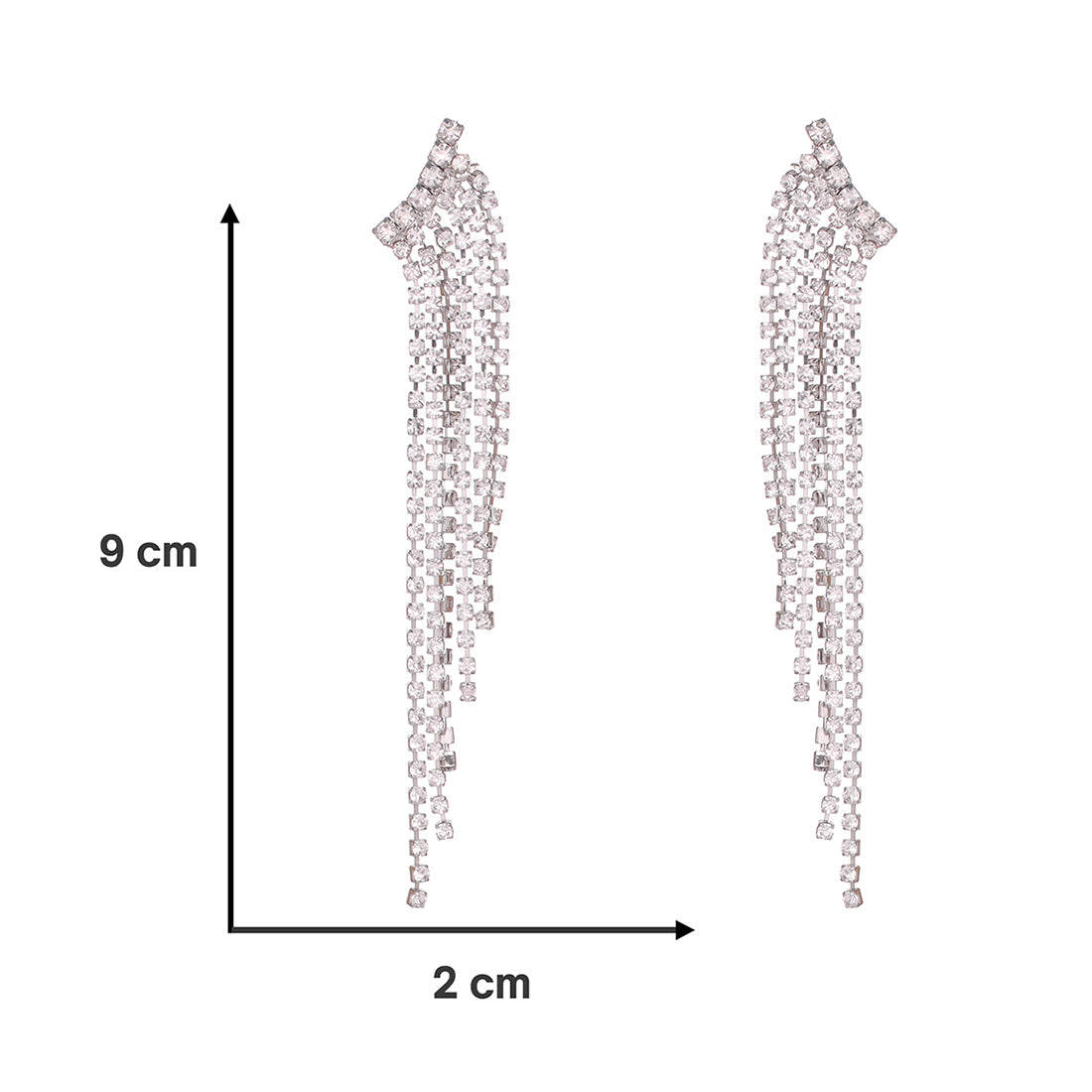 Contemporary White Diamante Crystal Studded Silver -Toned Slanting Tassel Drop Earrings