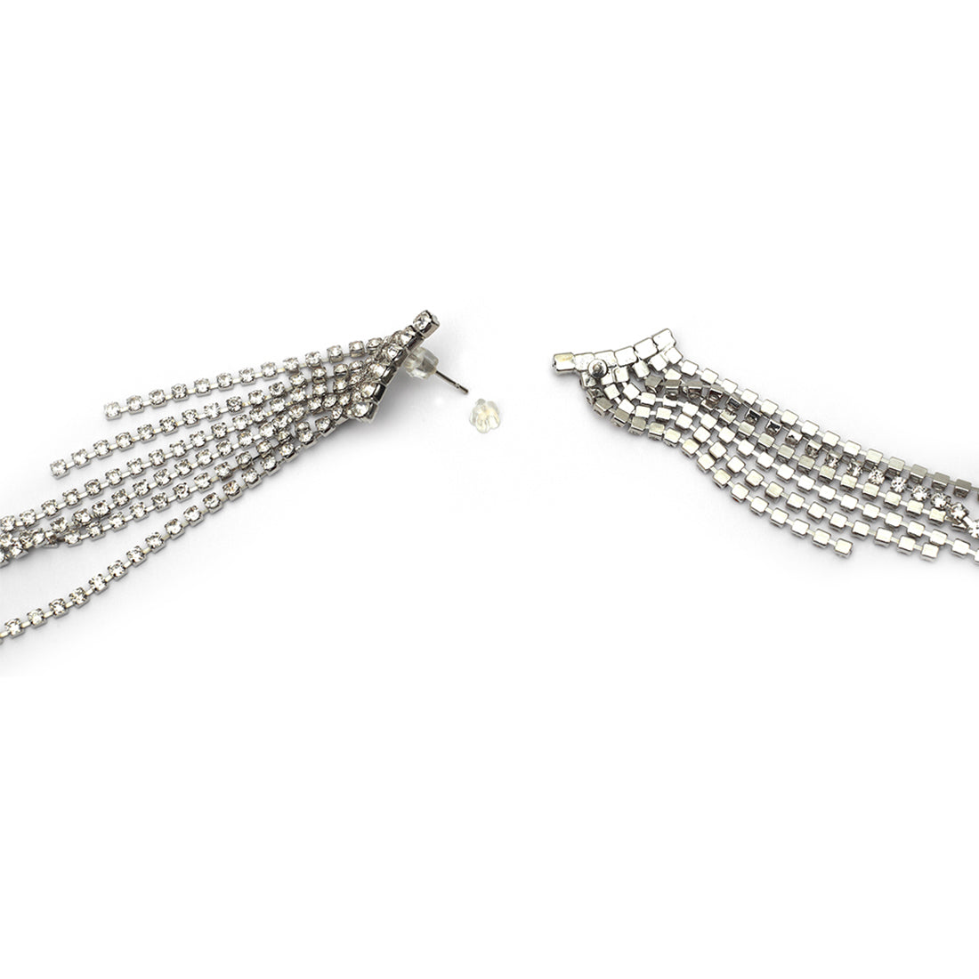 Contemporary White Diamante Crystal Studded Silver -Toned Slanting Tassel Drop Earrings