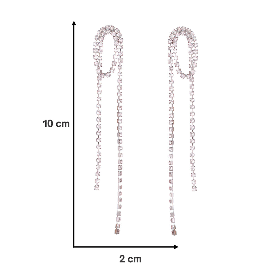 Contemporary White Diamante Crystal Single Line Drop Tassel Silver -Toned Earrings