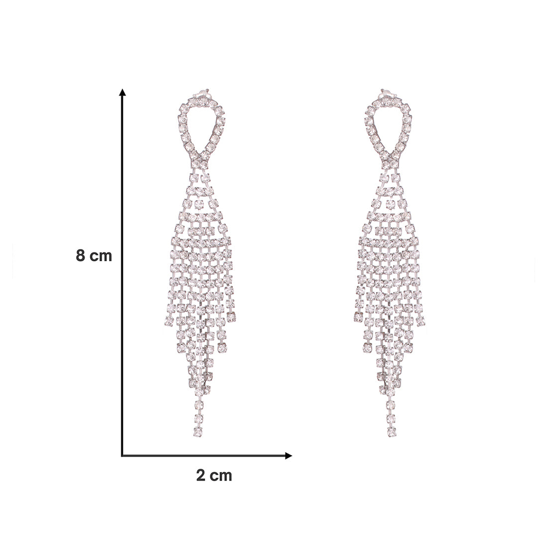Contemporary White Diamante Crystal Studded Silver -Toned Oval Studded Tassel Drop Earrings