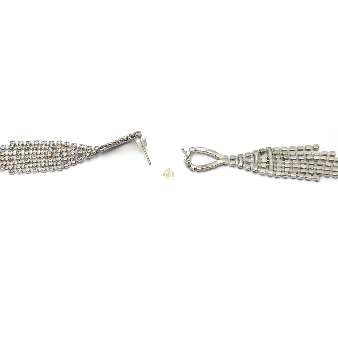 Contemporary White Diamante Crystal Studded Silver -Toned Oval Studded Tassel Drop Earrings