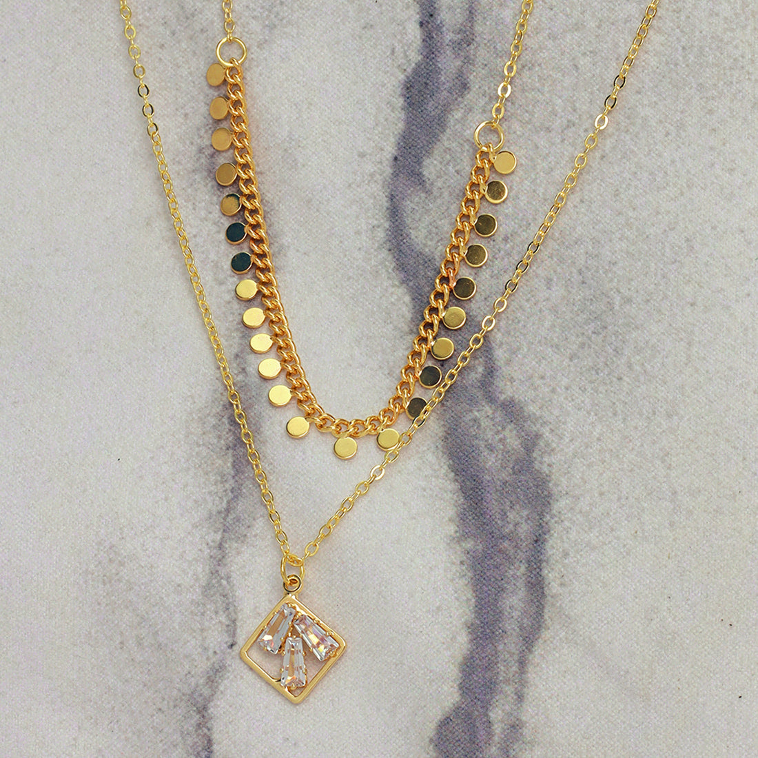 Double Layered Gold Chains With Rhinestone Minimalist Pendant