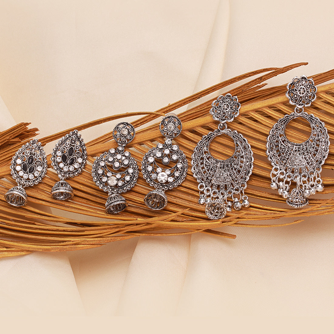 Set Of 3 Ethnic Silver Chambali Earrings With Small Jhumki Danglers