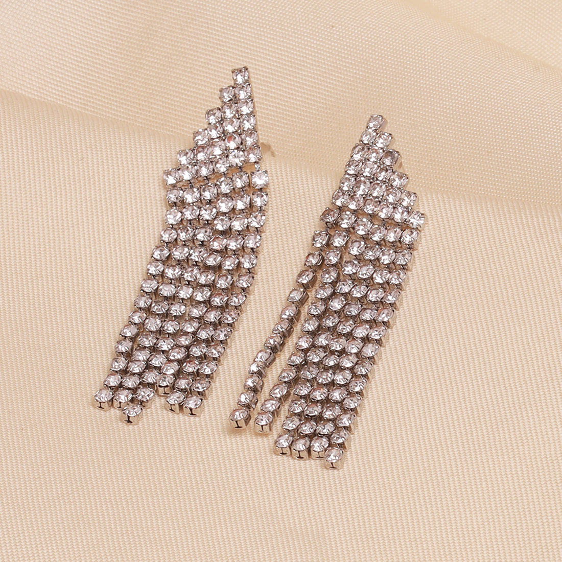 Contemporary White Diamante Crystal Studded Silver -Toned Triangular Tassel Drop Earrings