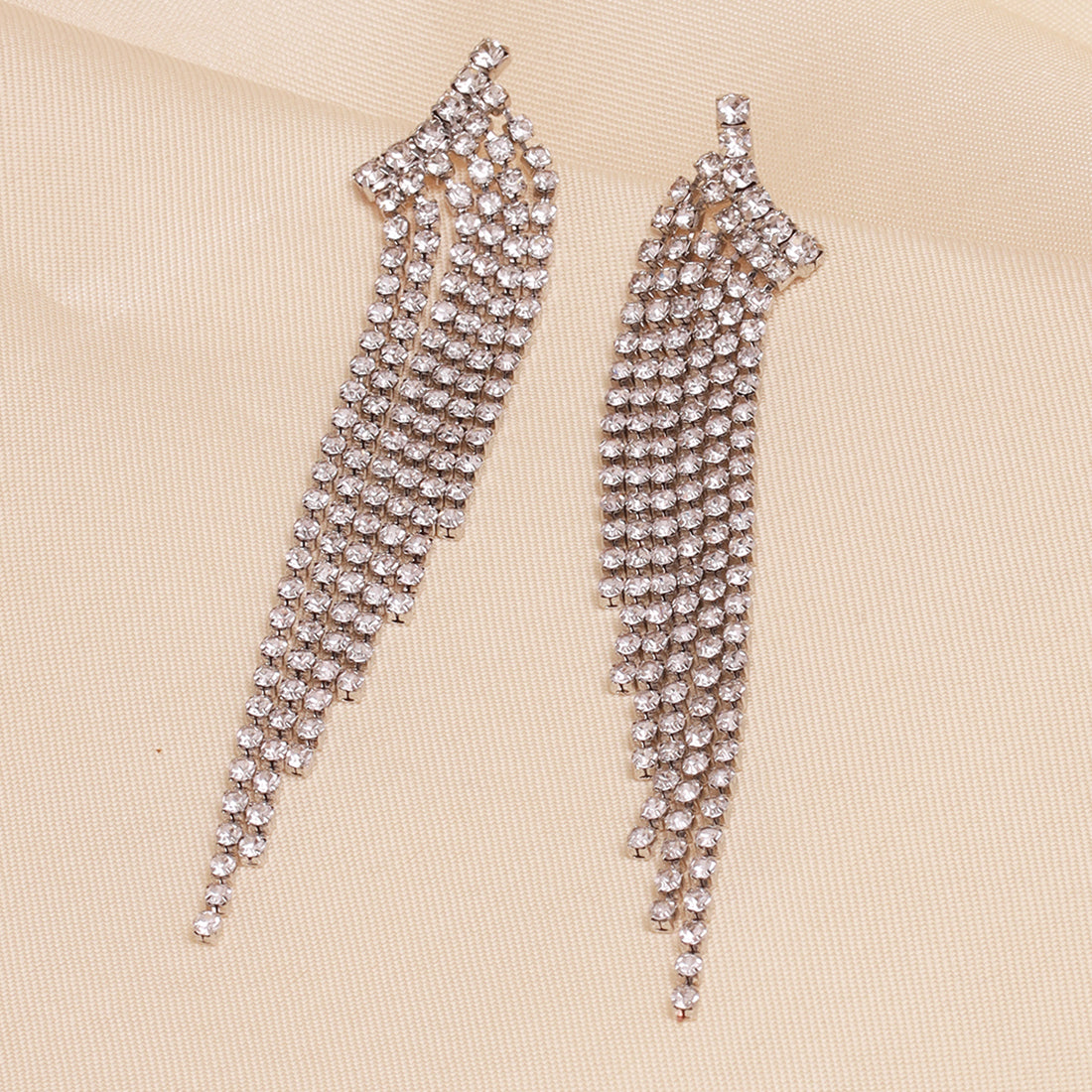 Contemporary White Diamante Crystal Studded Silver -Toned Slanting Tassel Drop Earrings