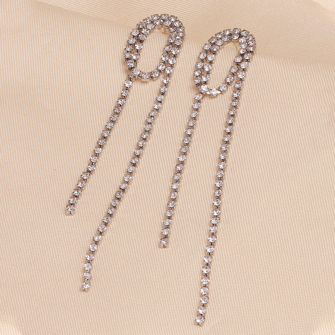 Contemporary White Diamante Crystal Single Line Drop Tassel Silver -Toned Earrings