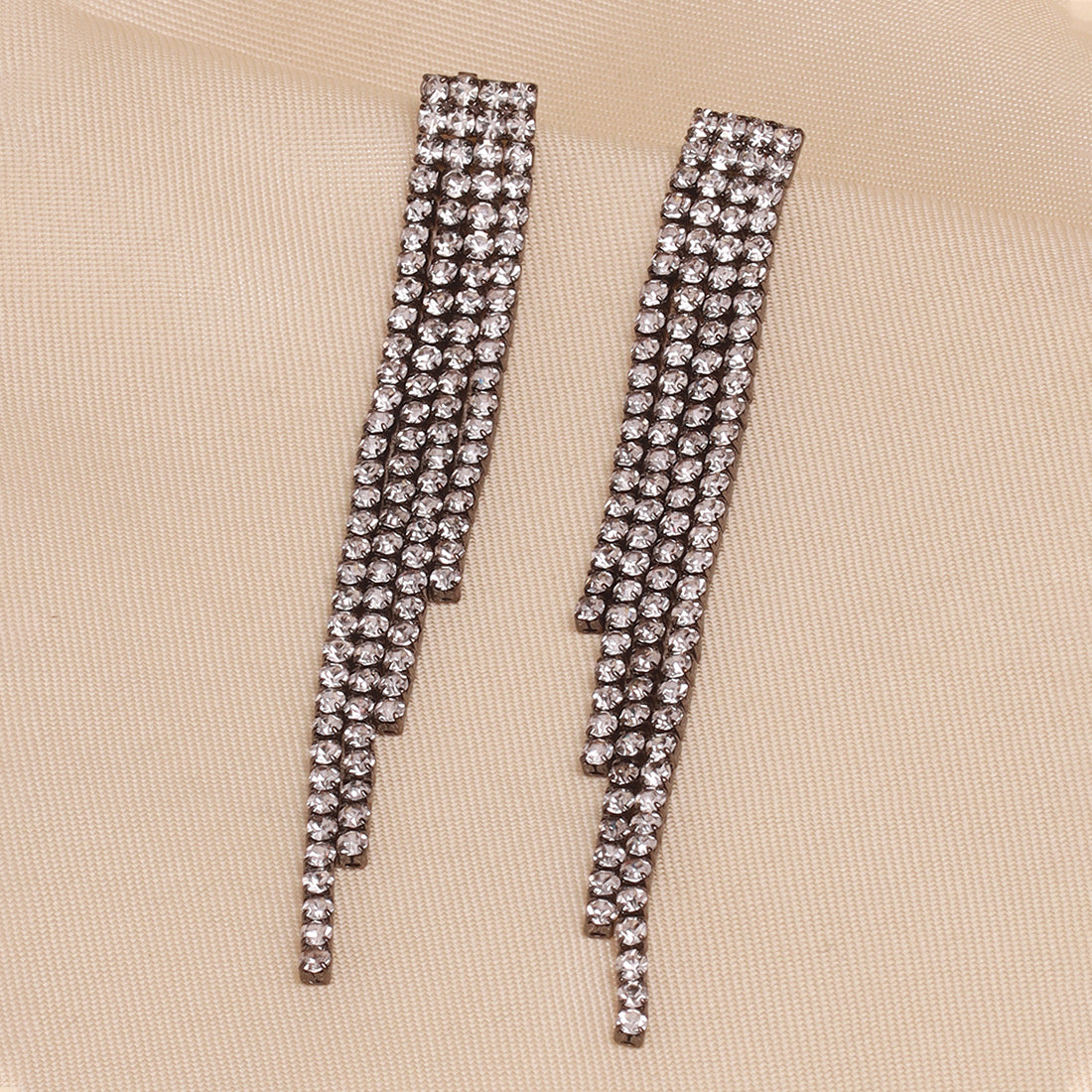 Contemporary White Diamante Crystal Straight Line Drop Tassel Metal -Toned Earrings