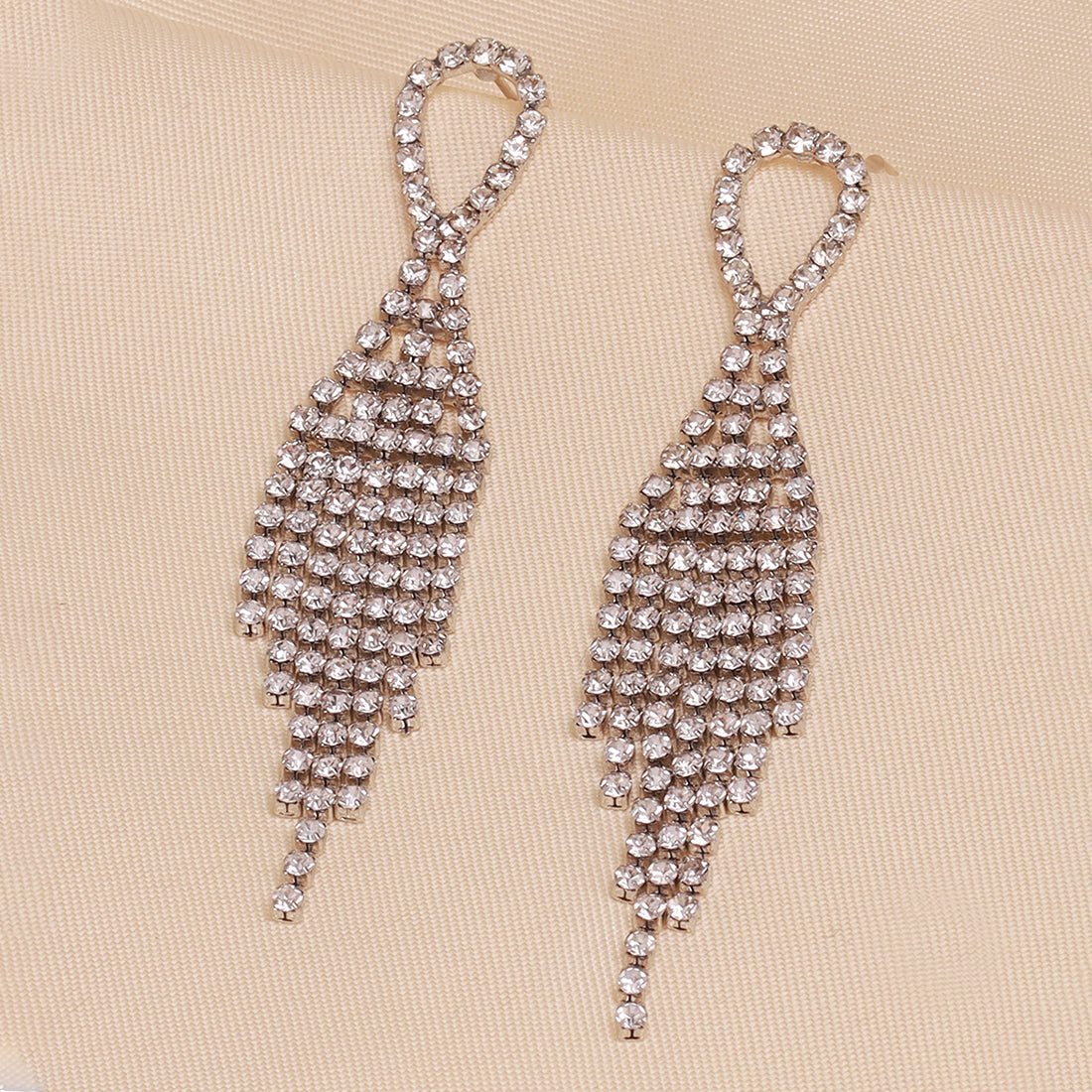 Contemporary White Diamante Crystal Studded Silver -Toned Oval Studded Tassel Drop Earrings