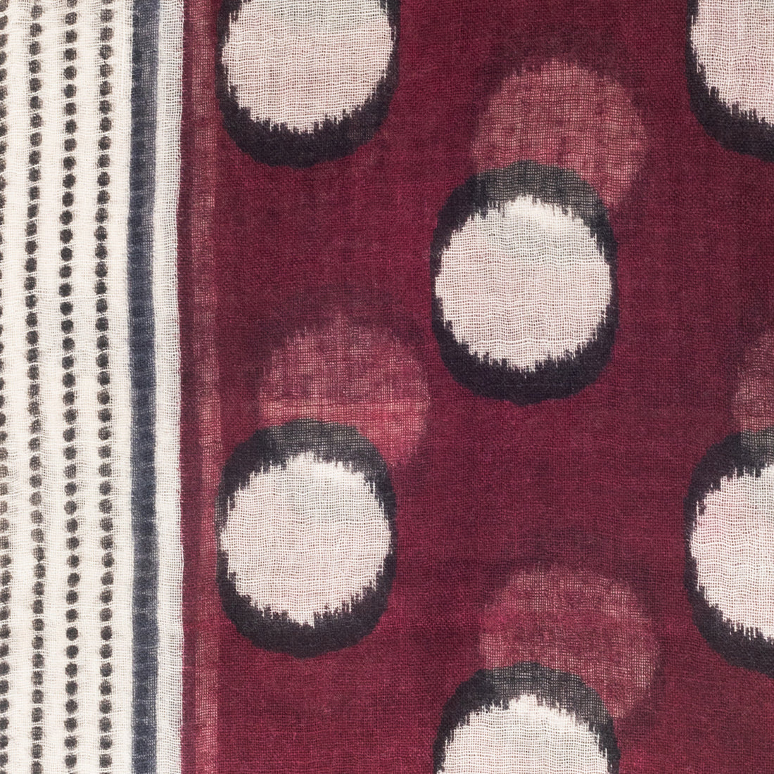 Dark Red Woolen Scarf With Black & White Polka Dots And Stripes